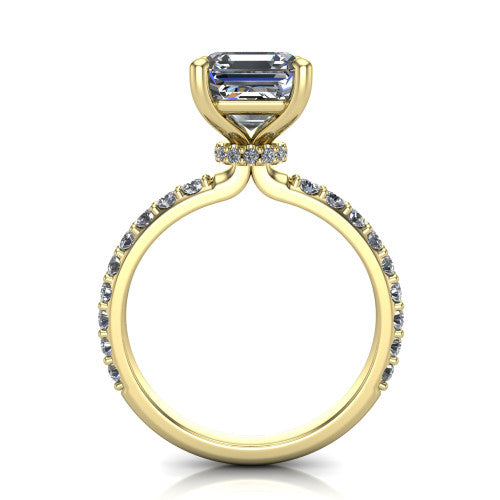 Clara asscher pavé engagement ring in 14K Yellow Gold with hidden halo and micro-pavé band, through-finger front profile revealing the hidden halo collar