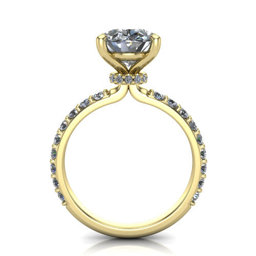Clara oval pavé engagement ring in 18K Yellow Gold with hidden halo and micro-pavé band, through-finger front profile revealing the hidden halo collar