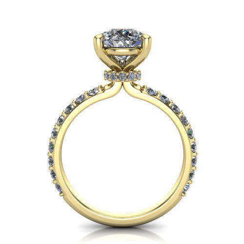 Clara pear pavé engagement ring in 18K Yellow Gold with hidden halo and micro-pavé band, through-finger front profile revealing the hidden halo collar