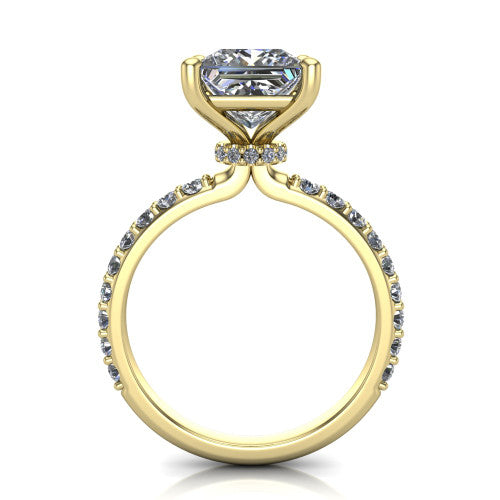 Clara princess pavé engagement ring in 14K Yellow Gold with hidden halo and micro-pavé band, through-finger front profile revealing the hidden halo collar