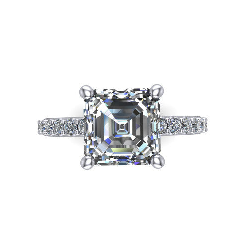 Clara asscher pavé engagement ring in 14K White Gold with hidden halo and micro-pavé band, top-down view of the four-prong center and pavé band