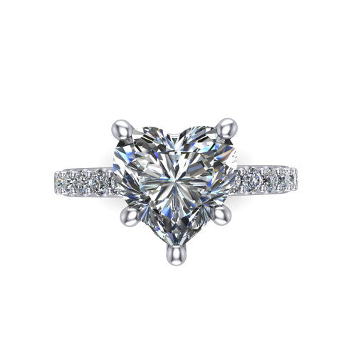Clara heart pavé engagement ring in 14K White Gold with hidden halo and micro-pavé band, top-down view of the four-prong center and pavé band