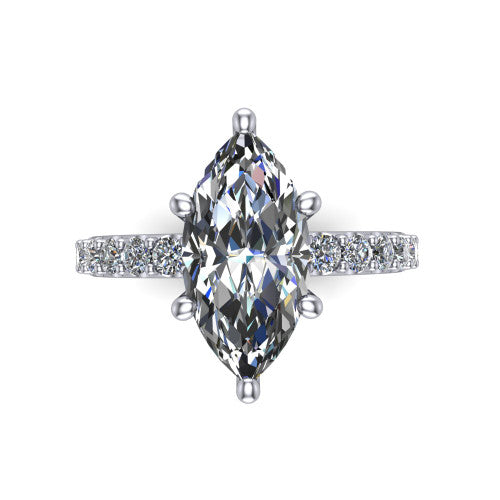 Clara marquise pavé engagement ring in 18K White Gold with hidden halo and micro-pavé band, top-down view of the four-prong center and pavé band