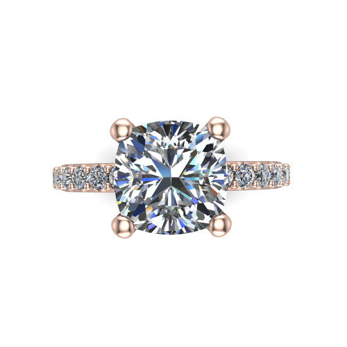 Clara cushion pavé engagement ring in 14K Rose Gold with hidden halo and micro-pavé band, top-down view of the four-prong center and pavé band