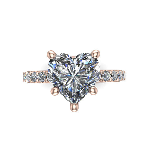 Clara heart pavé engagement ring in 18K Rose Gold with hidden halo and micro-pavé band, top-down view of the four-prong center and pavé band