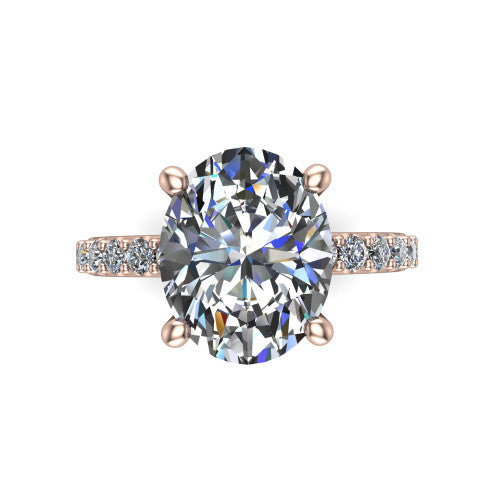 Clara oval pavé engagement ring in 14K Rose Gold with hidden halo and micro-pavé band, top-down view of the four-prong center and pavé band