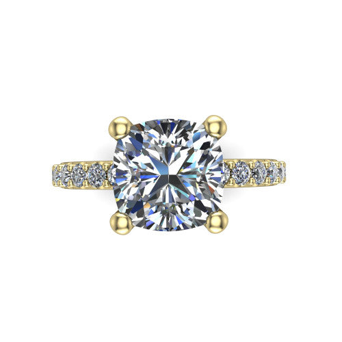 Clara cushion pavé engagement ring in 14K Yellow Gold with hidden halo and micro-pavé band, top-down view of the four-prong center and pavé band