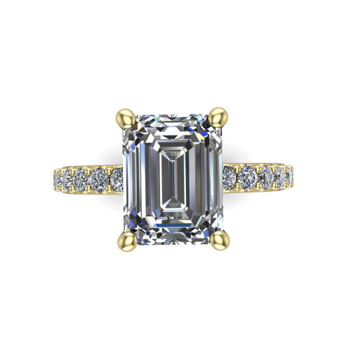 Clara emerald pavé engagement ring in 14K Yellow Gold with hidden halo and micro-pavé band, top-down view of the four-prong center and pavé band