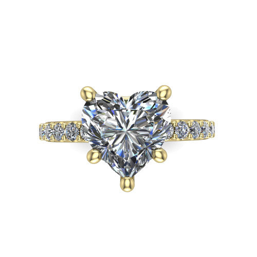 Clara heart pavé engagement ring in 18K Yellow Gold with hidden halo and micro-pavé band, top-down view of the four-prong center and pavé band