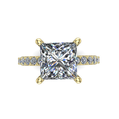 Clara princess pavé engagement ring in 18K Yellow Gold with hidden halo and micro-pavé band, top-down view of the four-prong center and pavé band