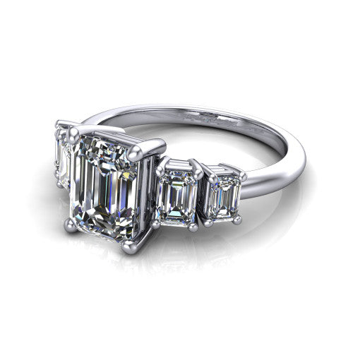 Stella Emerald Shape Three Stone Engagement Ring in 14K White Gold
