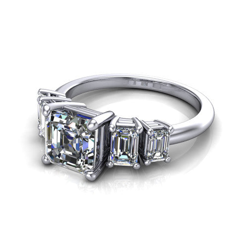 Stella Square Emerald Shape Three Stone Engagement Ring in 18K White Gold