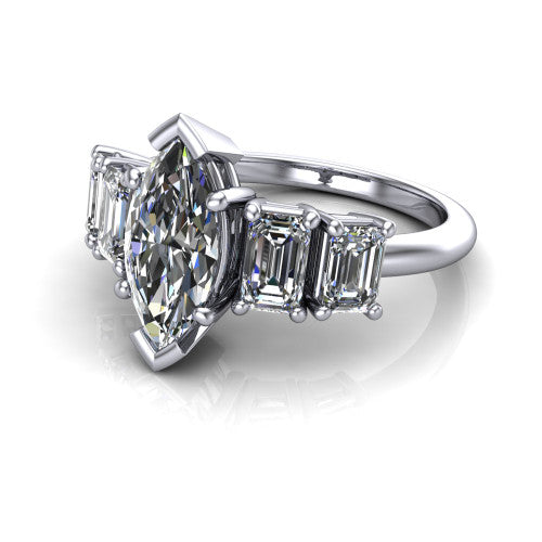 Stella Marquise Shape Three Stone Engagement Ring in 18K White Gold