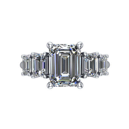 Stella Emerald Shape Three Stone Engagement Ring in 14K White Gold