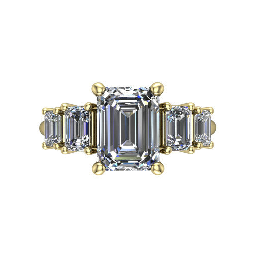 Stella Emerald Shape Three Stone Engagement Ring in 18K Yellow Gold