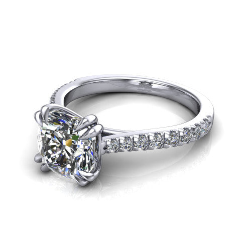 Paisley cushion solitaire engagement ring in 14K White Gold with double-prong head and pavé band, three-quarter perspective view