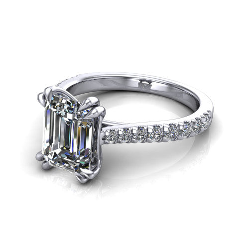 Paisley emerald solitaire engagement ring in 14K White Gold with double-prong head and pavé band, three-quarter perspective view