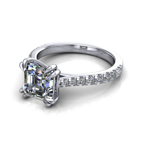 Paisley asscher solitaire engagement ring in 18K White Gold with double-prong head and pavé band, three-quarter perspective view