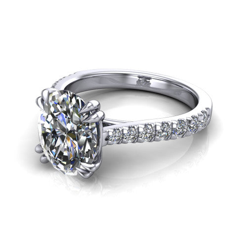 Paisley oval solitaire engagement ring in 18K White Gold with double-prong head and pavé band, three-quarter perspective view