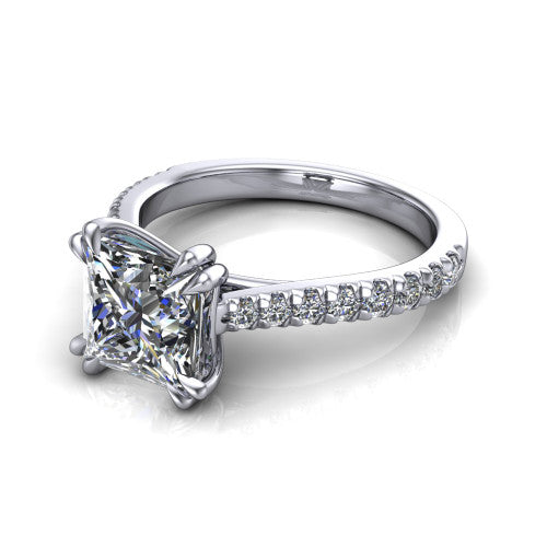 Paisley princess solitaire engagement ring in 14K White Gold with double-prong head and pavé band, three-quarter perspective view
