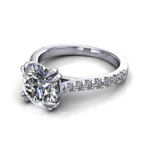 Paisley round solitaire engagement ring in 14K White Gold with double-prong head and pavé band, three-quarter perspective view