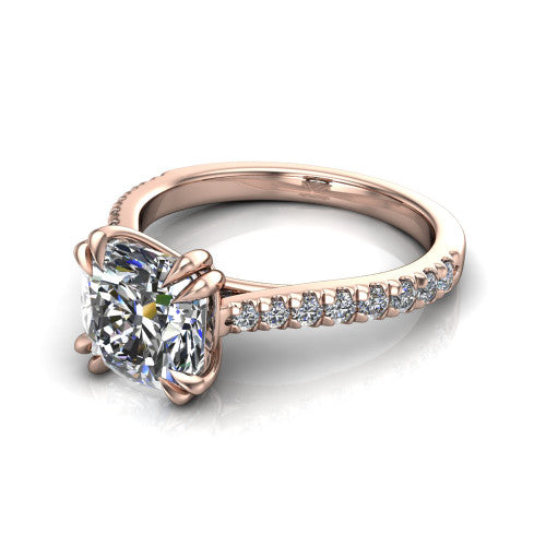 Paisley cushion solitaire engagement ring in 14K Rose Gold with double-prong head and pavé band, three-quarter perspective view