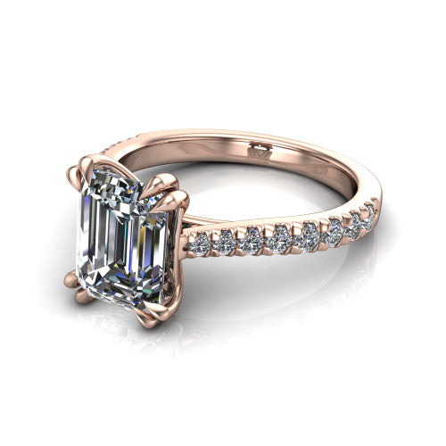 Paisley emerald solitaire engagement ring in 18K Rose Gold with double-prong head and pavé band, three-quarter perspective view