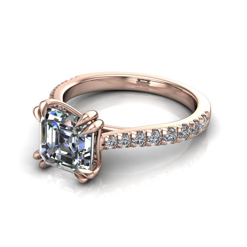 Paisley asscher solitaire engagement ring in 14K Rose Gold with double-prong head and pavé band, three-quarter perspective view