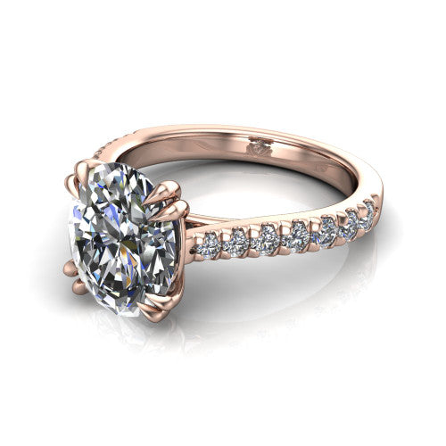 Paisley oval solitaire engagement ring in 18K Rose Gold with double-prong head and pavé band, three-quarter perspective view