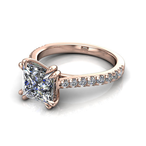 Paisley princess solitaire engagement ring in 14K Rose Gold with double-prong head and pavé band, three-quarter perspective view