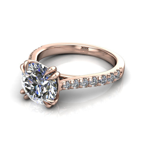 Paisley round solitaire engagement ring in 14K Rose Gold with double-prong head and pavé band, three-quarter perspective view