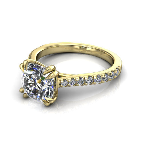 Paisley cushion solitaire engagement ring in 14K Yellow Gold with double-prong head and pavé band, three-quarter perspective view