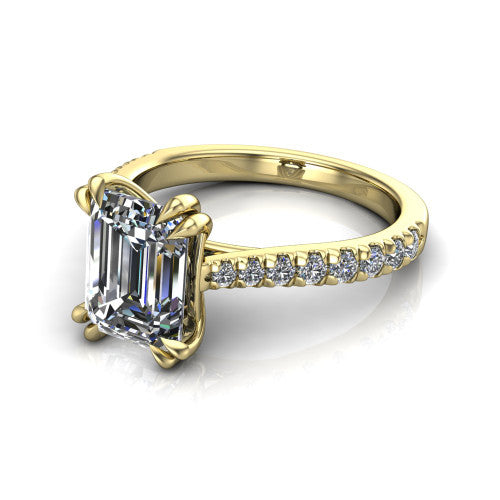 Paisley emerald solitaire engagement ring in 14K Yellow Gold with double-prong head and pavé band, three-quarter perspective view