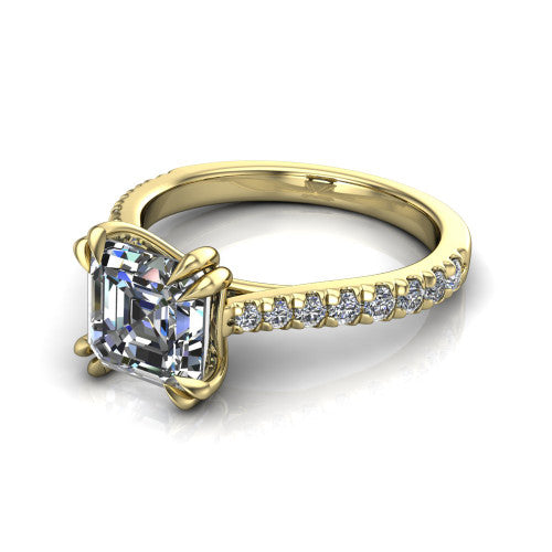 Paisley asscher solitaire engagement ring in 14K Yellow Gold with double-prong head and pavé band, three-quarter perspective view