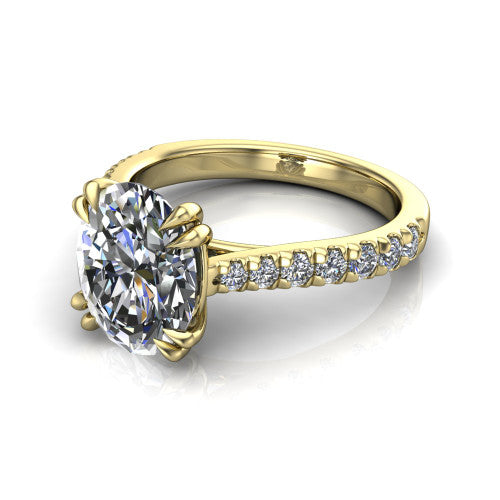 Paisley oval solitaire engagement ring in 14K Yellow Gold with double-prong head and pavé band, three-quarter perspective view