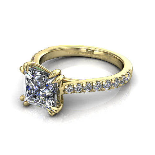 Paisley princess solitaire engagement ring in 14K Yellow Gold with double-prong head and pavé band, three-quarter perspective view