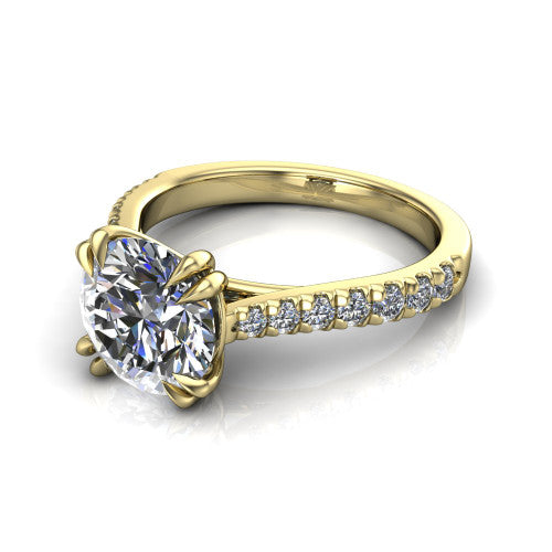 Paisley round solitaire engagement ring in 18K Yellow Gold with double-prong head and pavé band, three-quarter perspective view