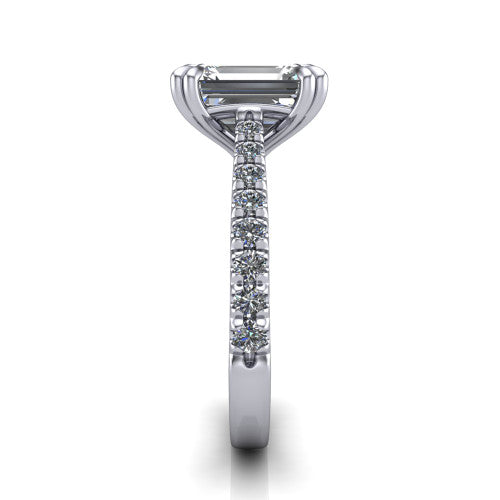 Paisley emerald solitaire engagement ring in 14K White Gold with double-prong head and pavé band, side profile showing the three-sided pavé band and open under-gallery