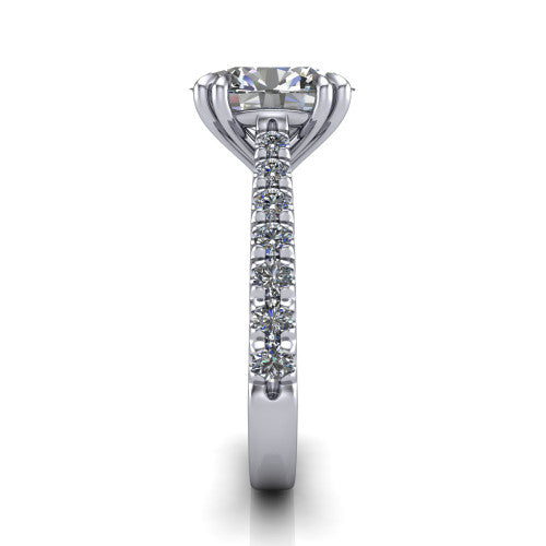 Paisley oval solitaire engagement ring in Platinum with double-prong head and pavé band, side profile showing the three-sided pavé band and open under-gallery