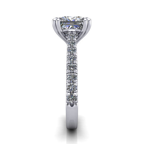 Paisley princess solitaire engagement ring in Platinum with double-prong head and pavé band, side profile showing the three-sided pavé band and open under-gallery