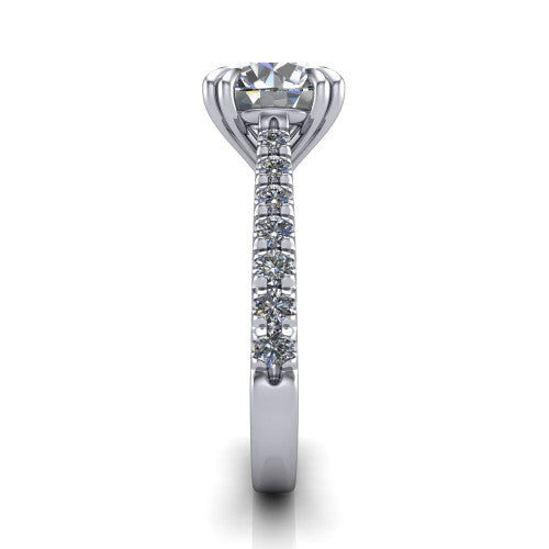 Paisley round solitaire engagement ring in Platinum with double-prong head and pavé band, side profile showing the three-sided pavé band and open under-gallery