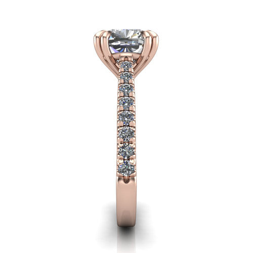 Paisley cushion solitaire engagement ring in 18K Rose Gold with double-prong head and pavé band, side profile showing the three-sided pavé band and open under-gallery