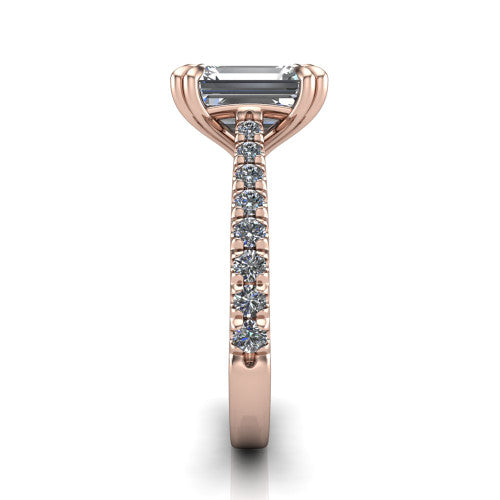 Paisley emerald solitaire engagement ring in 18K Rose Gold with double-prong head and pavé band, side profile showing the three-sided pavé band and open under-gallery