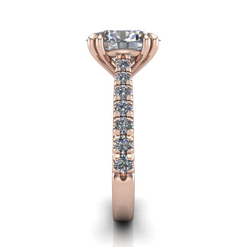 Paisley oval solitaire engagement ring in 18K Rose Gold with double-prong head and pavé band, side profile showing the three-sided pavé band and open under-gallery