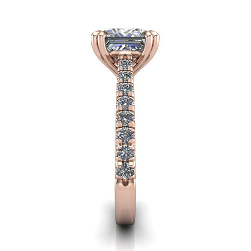 Paisley princess solitaire engagement ring in 14K Rose Gold with double-prong head and pavé band, side profile showing the three-sided pavé band and open under-gallery