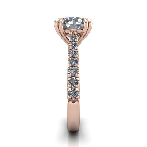 Paisley round solitaire engagement ring in 14K Rose Gold with double-prong head and pavé band, side profile showing the three-sided pavé band and open under-gallery