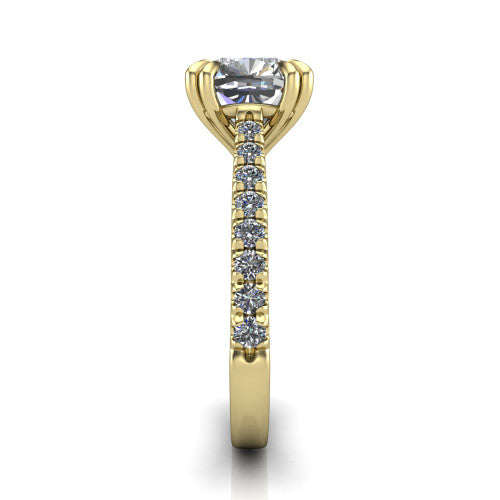 Paisley cushion solitaire engagement ring in 18K Yellow Gold with double-prong head and pavé band, side profile showing the three-sided pavé band and open under-gallery