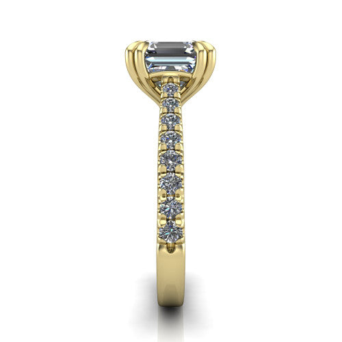 Paisley asscher solitaire engagement ring in 18K Yellow Gold with double-prong head and pavé band, side profile showing the three-sided pavé band and open under-gallery