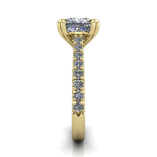 Paisley princess solitaire engagement ring in 14K Yellow Gold with double-prong head and pavé band, side profile showing the three-sided pavé band and open under-gallery