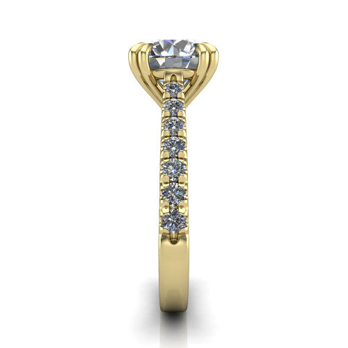 Paisley round solitaire engagement ring in 14K Yellow Gold with double-prong head and pavé band, side profile showing the three-sided pavé band and open under-gallery